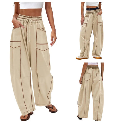 Women'S High Waisted Barrel Sweatpants Baggy Wide Leg Drawstring Joggers With Pockets And Seam Stitch Details| Regular Lined For Fall & Spring, Cozy Fleece Lined For Winter