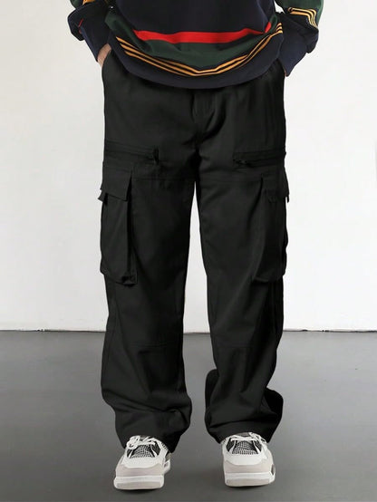 Men's Loose Solid Color All-match Pocket Drawstring Waist Overalls
