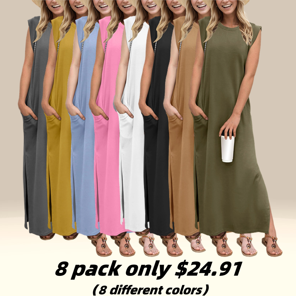 🔥Last day promotion⏰Casual Round Neck Loose Split Wrinkle-Free Long Maxi Vacation Dress with Pockets