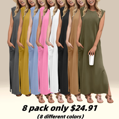 🔥Last day promotion⏰Casual Round Neck Loose Split Wrinkle-Free Long Maxi Vacation Dress with Pockets