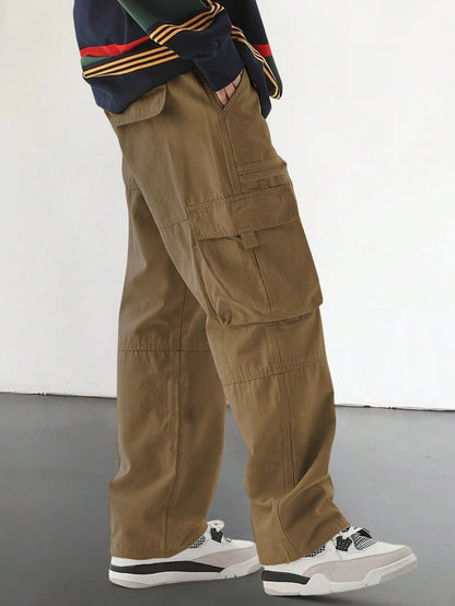 Men's Loose Solid Color All-match Pocket Drawstring Waist Overalls