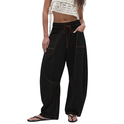 Women'S High Waisted Barrel Sweatpants Baggy Wide Leg Drawstring Joggers With Pockets And Seam Stitch Details| Regular Lined For Fall & Spring, Cozy Fleece Lined For Winter