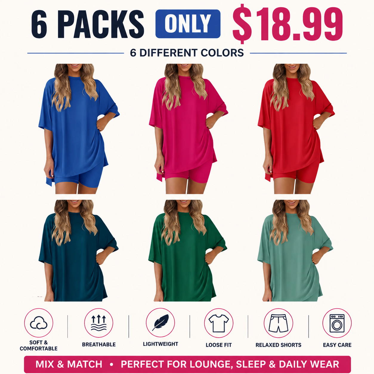 V Neck 2 Piece Sets for Women Summer Lounge Short Set Spring Matching Biker Shorts Oversized Shirt Clothing