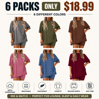 V Neck 2 Piece Sets for Women Summer Lounge Short Set Spring Matching Biker Shorts Oversized Shirt Clothing