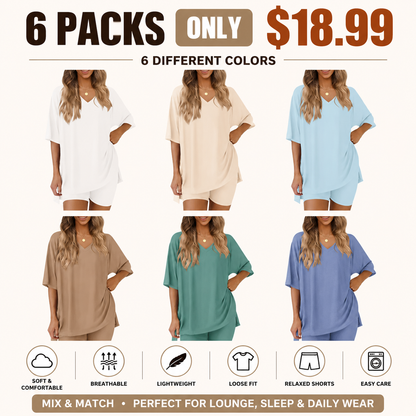V Neck 2 Piece Sets for Women Summer Lounge Short Set Spring Matching Biker Shorts Oversized Shirt Clothing