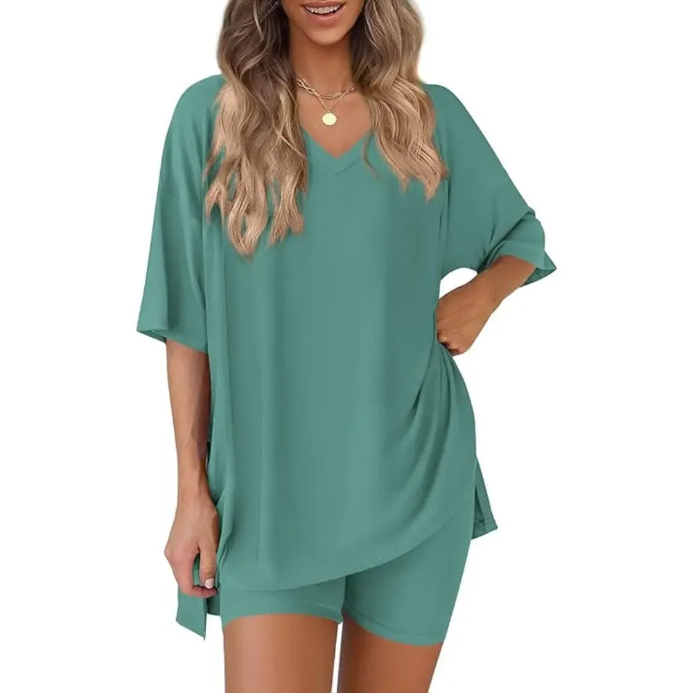 V Neck 2 Piece Sets for Women Summer Lounge Short Set Spring Matching Biker Shorts Oversized Shirt Clothing
