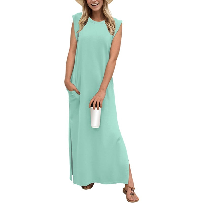 🔥Last day promotion⏰Casual Round Neck Loose Split Wrinkle-Free Long Maxi Vacation Dress with Pockets