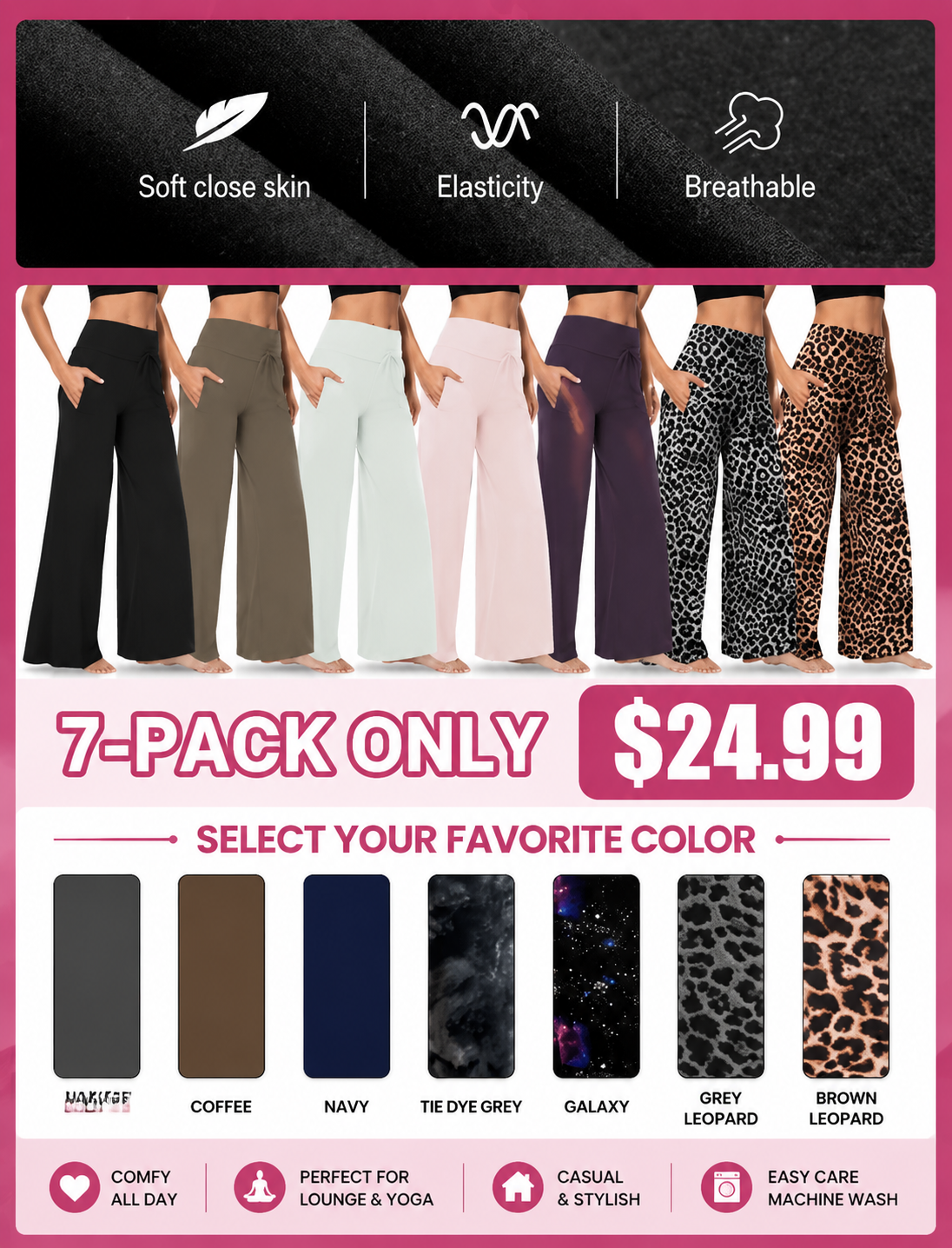 ⏰7 Pack Only $24.99⏰Plus Size High Waisted Loose Wide Leg Stretchy & Soft Fabric Casual Outing and Travel