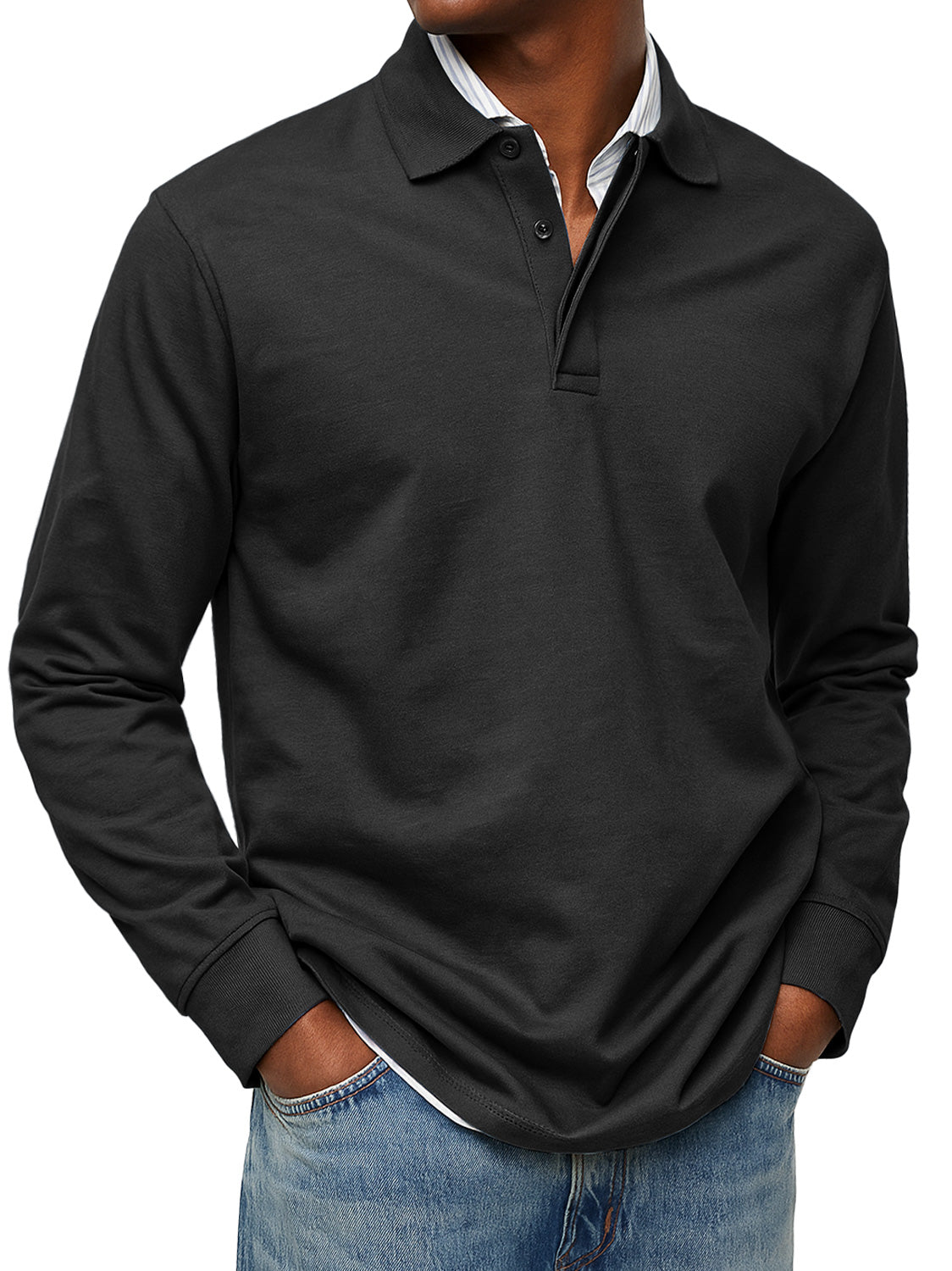 Men's Autumn/Winter Exclusive-layer Lapel Button-down Solid Color Long-sleeved Polo Shirt