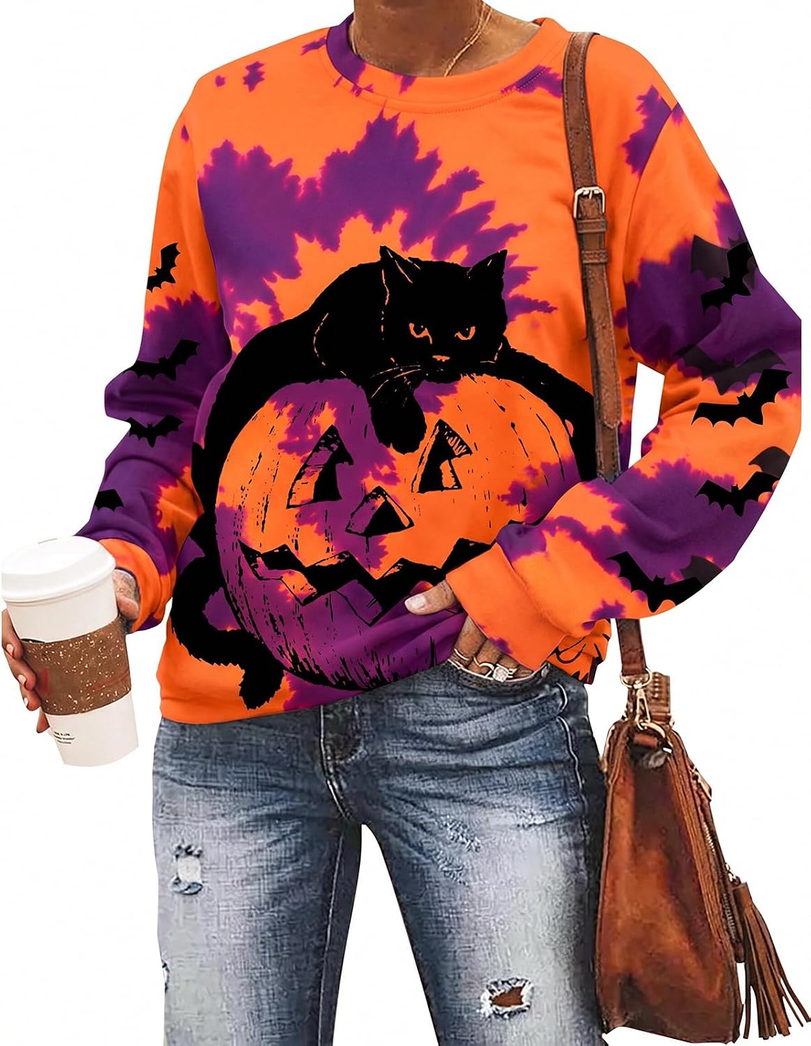 Black Cat on Pumpkin Sweatshirt Halloween Sweatshirts for Women Fall Pumpkin Face Tee Lightweight Pullover Tops