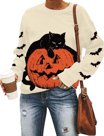 Black Cat on Pumpkin Sweatshirt Halloween Sweatshirts for Women Fall Pumpkin Face Tee Lightweight Pullover Tops