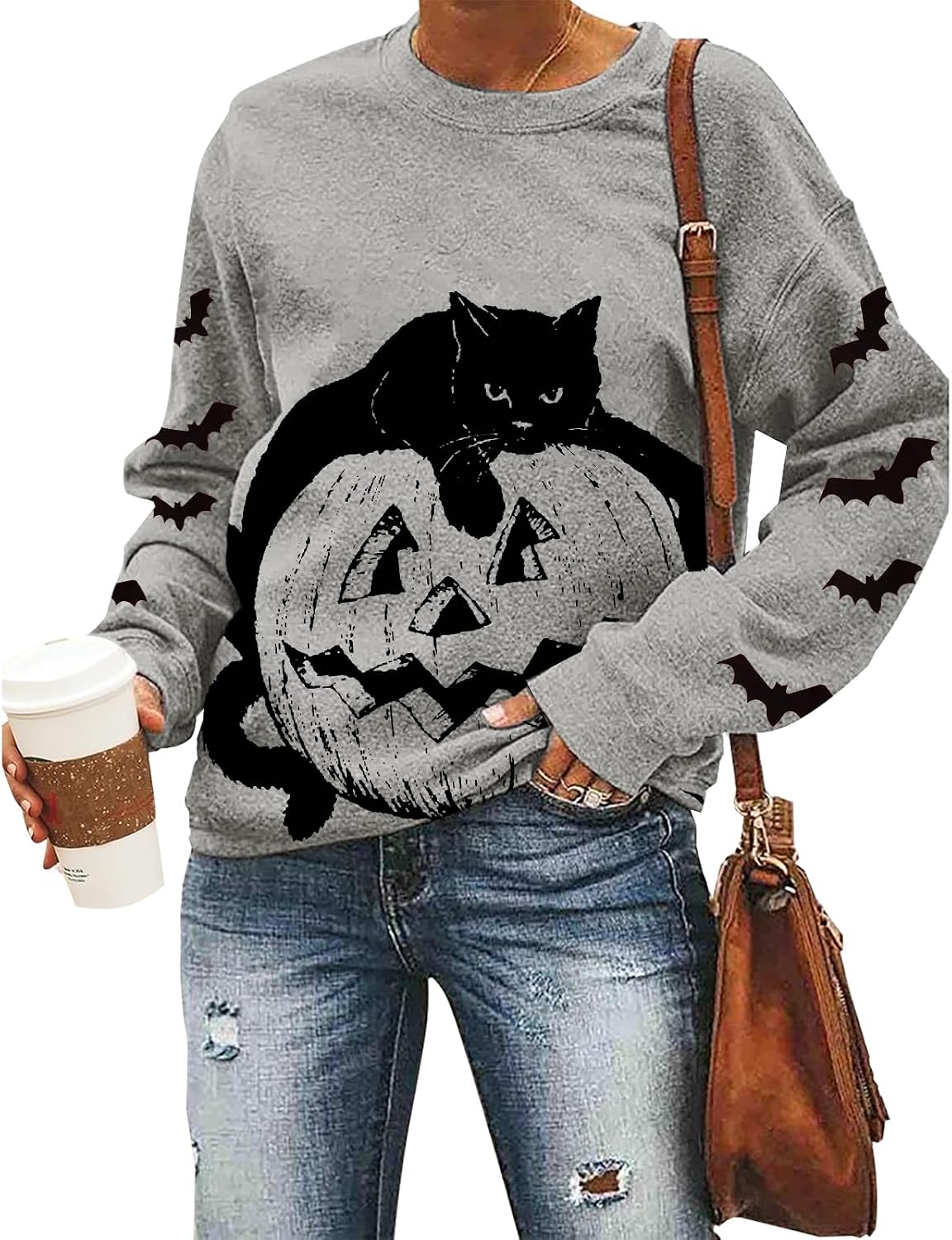 Black Cat on Pumpkin Sweatshirt Halloween Sweatshirts for Women Fall Pumpkin Face Tee Lightweight Pullover Tops