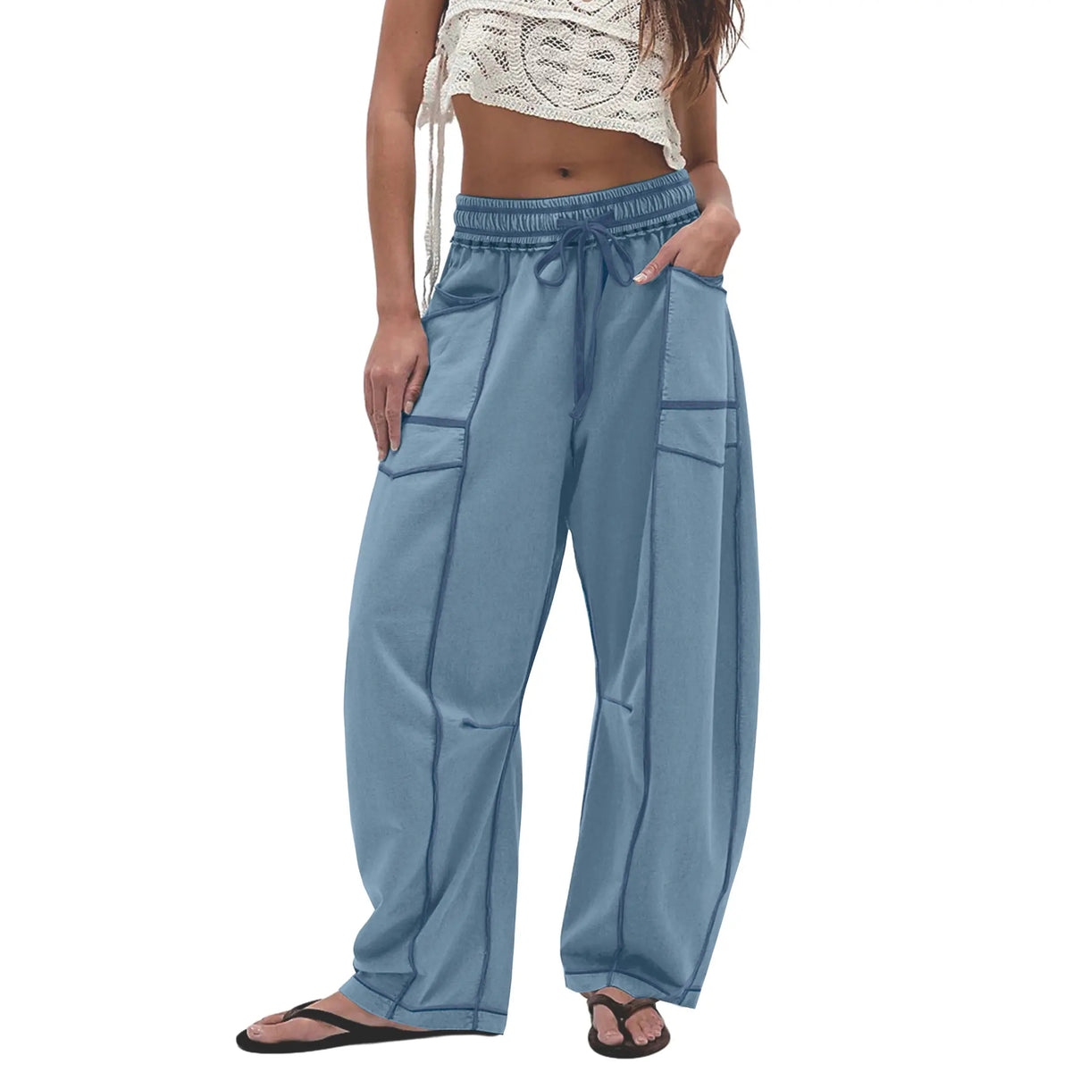 Women'S High Waisted Barrel Sweatpants Baggy Wide Leg Drawstring Joggers With Pockets And Seam Stitch Details| Regular Lined For Fall & Spring, Cozy Fleece Lined For Winter