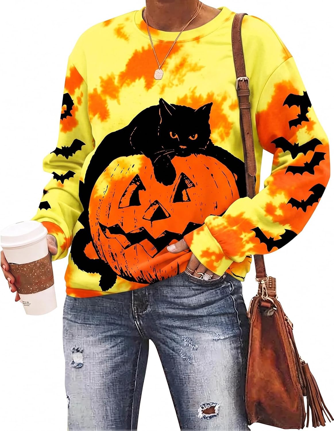 Black Cat on Pumpkin Sweatshirt Halloween Sweatshirts for Women Fall Pumpkin Face Tee Lightweight Pullover Tops