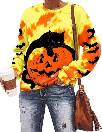 Black Cat on Pumpkin Sweatshirt Halloween Sweatshirts for Women Fall Pumpkin Face Tee Lightweight Pullover Tops
