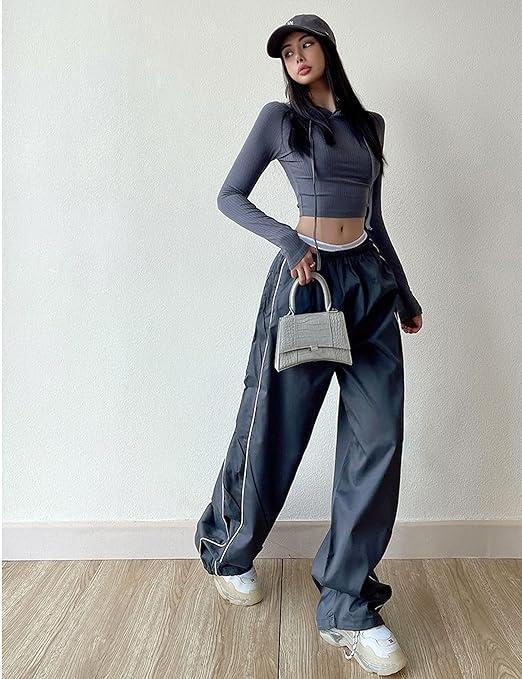 Women's Parachute Wideleg Pants Baggy Y2K Elastic Waist Wide Leg Track Pants Trousers Casual