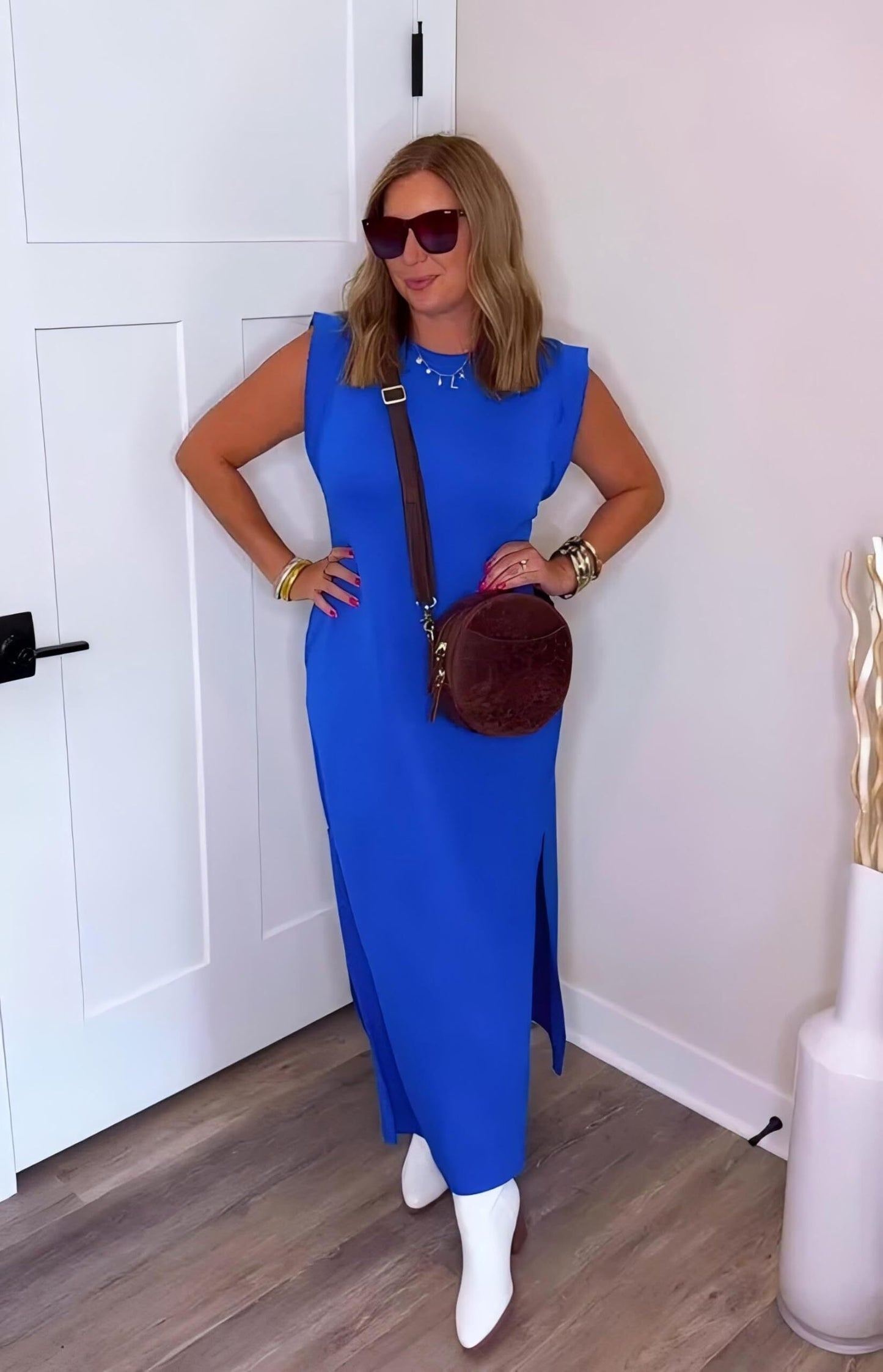 🔥Last day promotion⏰Casual Round Neck Loose Split Wrinkle-Free Long Maxi Vacation Dress with Pockets