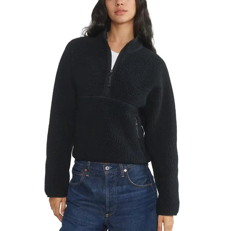 Women‘s Fleece Sweatshirt – Cropped Half-Zip Sherpa Pullover with Zipper Pockets