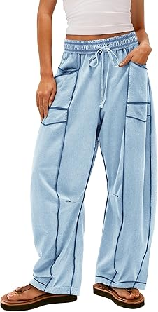 Women'S High Waisted Barrel Sweatpants Baggy Wide Leg Drawstring Joggers With Pockets And Seam Stitch Details| Regular Lined For Fall & Spring, Cozy Fleece Lined For Winter