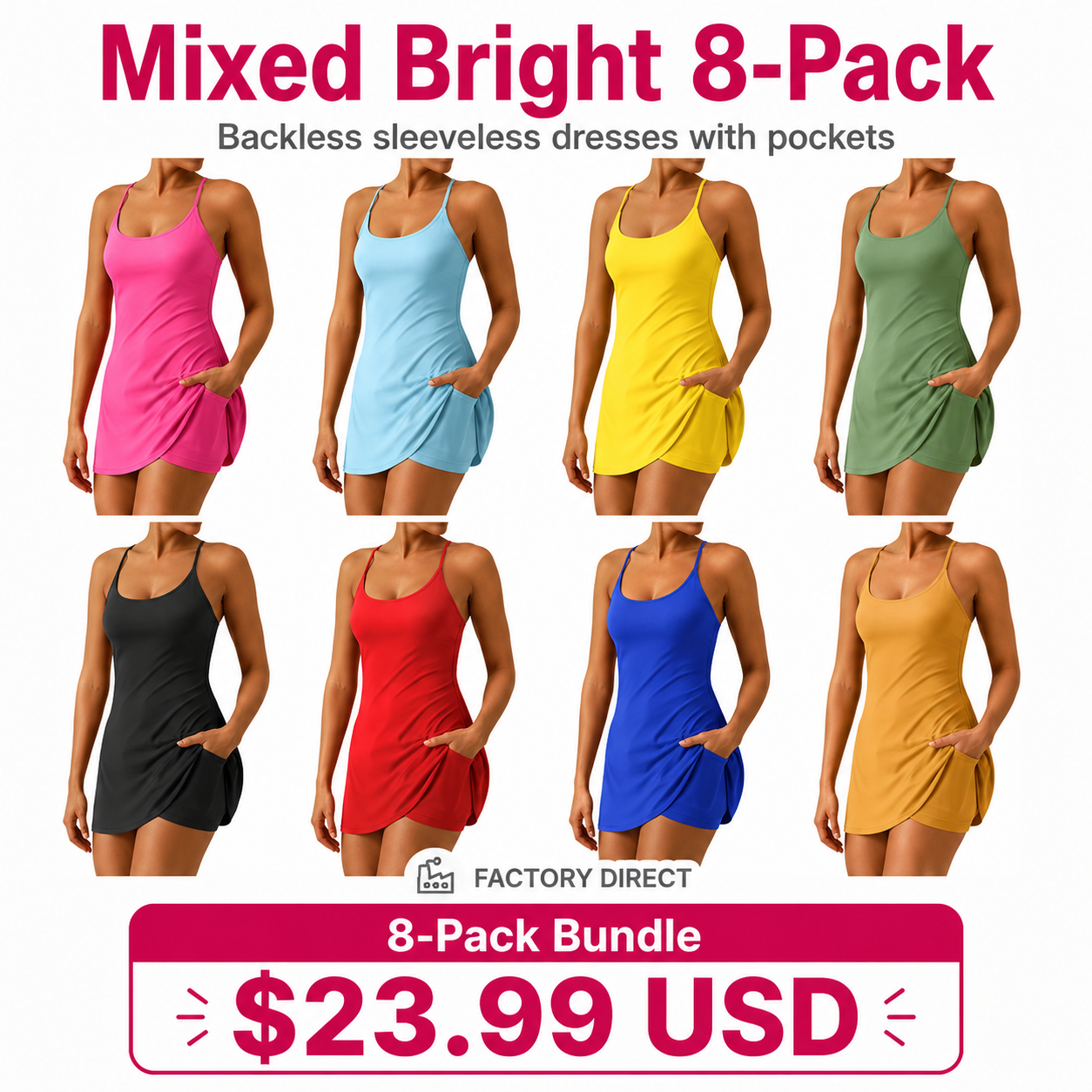 Women's Backless Sleeveless Dress with Pockets 8-Pack