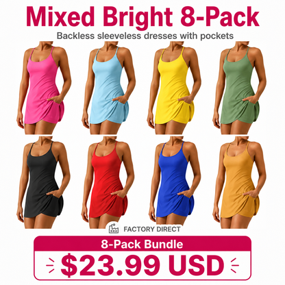 Women's Backless Sleeveless Dress with Pockets 8-Pack