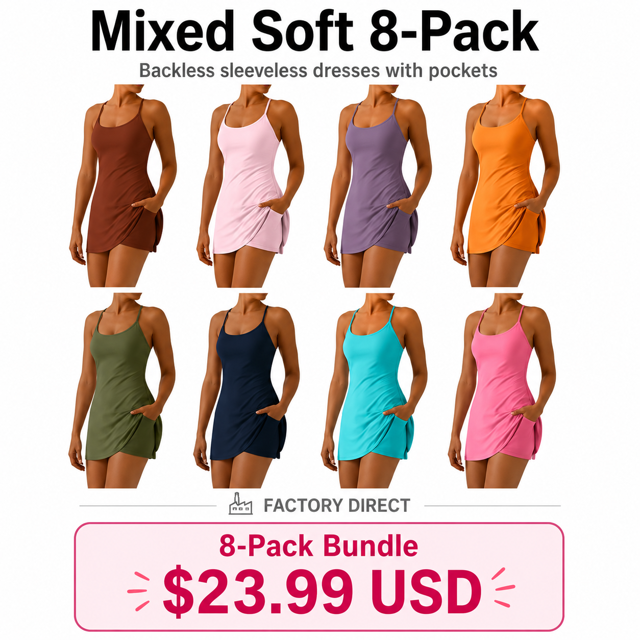 Women's Backless Sleeveless Dress with Pockets 8-Pack