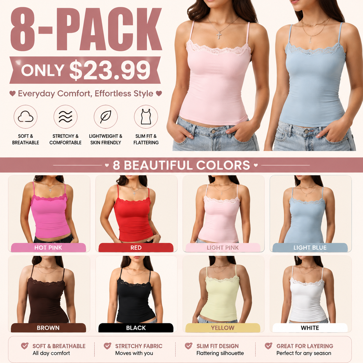 Women’s Padded Lace Cami Top – Double Lined Sexy Spaghetti Strap Tank