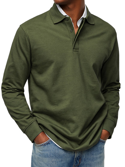 Men's Autumn/Winter Exclusive-layer Lapel Button-down Solid Color Long-sleeved Polo Shirt