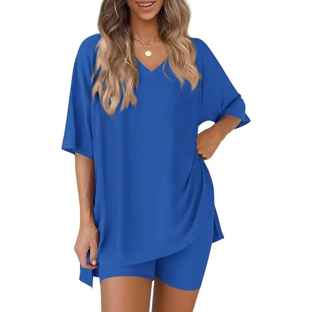 V Neck 2 Piece Sets for Women Summer Lounge Short Set Spring Matching Biker Shorts Oversized Shirt Clothing