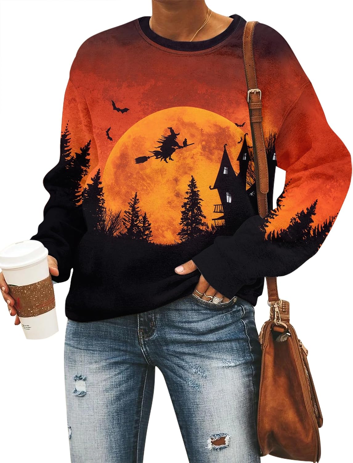 Black Cat on Pumpkin Sweatshirt Halloween Sweatshirts for Women Fall Pumpkin Face Tee Lightweight Pullover Tops