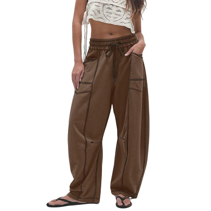 Women'S High Waisted Barrel Sweatpants Baggy Wide Leg Drawstring Joggers With Pockets And Seam Stitch Details| Regular Lined For Fall & Spring, Cozy Fleece Lined For Winter