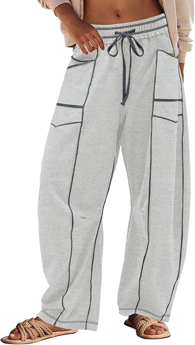 Women'S High Waisted Barrel Sweatpants Baggy Wide Leg Drawstring Joggers With Pockets And Seam Stitch Details| Regular Lined For Fall & Spring, Cozy Fleece Lined For Winter
