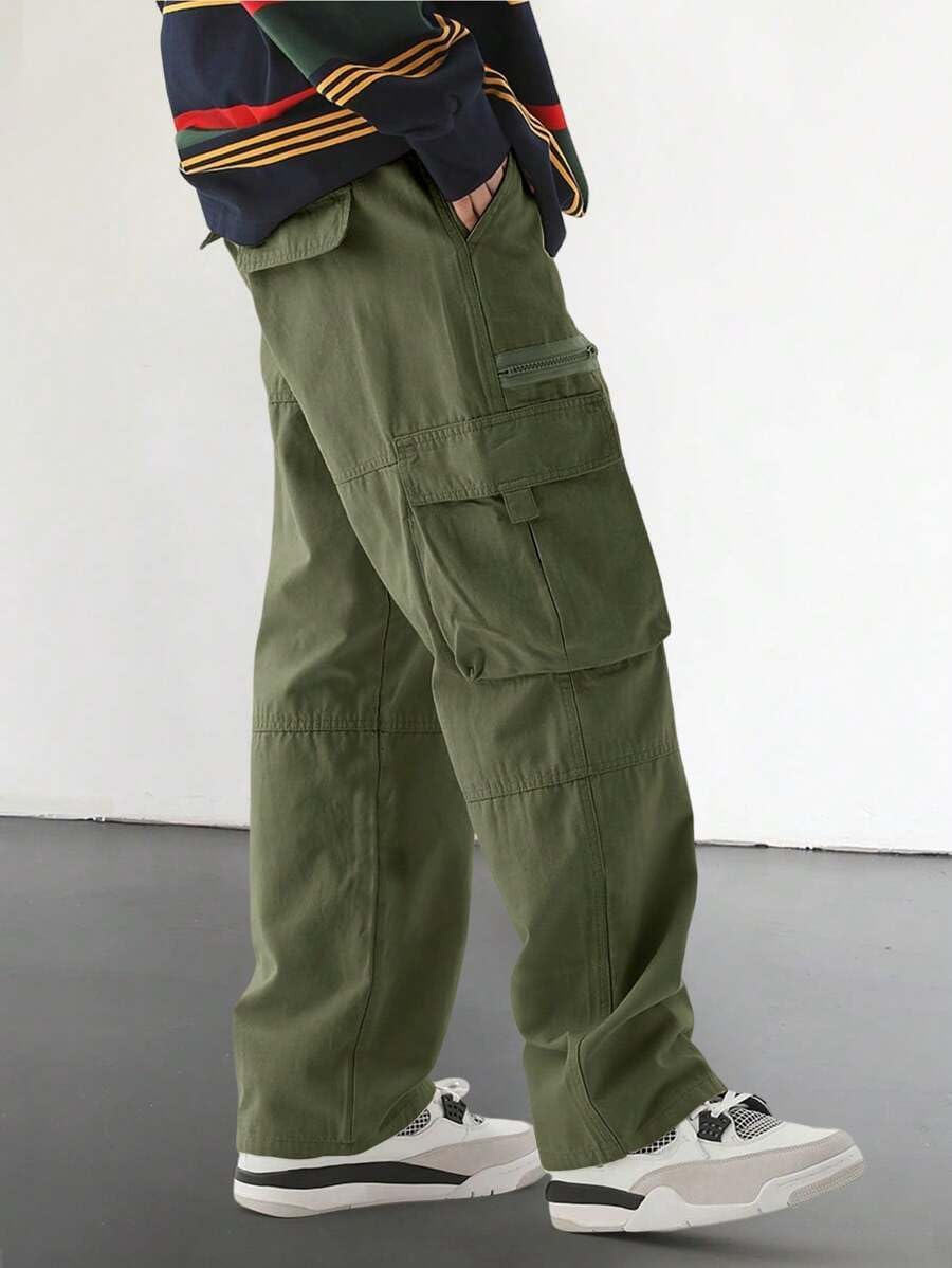 Men's Loose Solid Color All-match Pocket Drawstring Waist Overalls