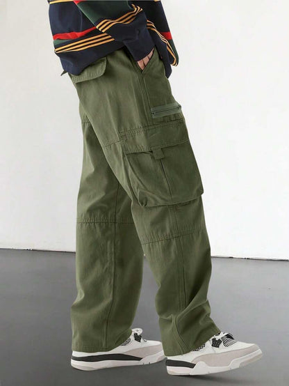 Men's Loose Solid Color All-match Pocket Drawstring Waist Overalls