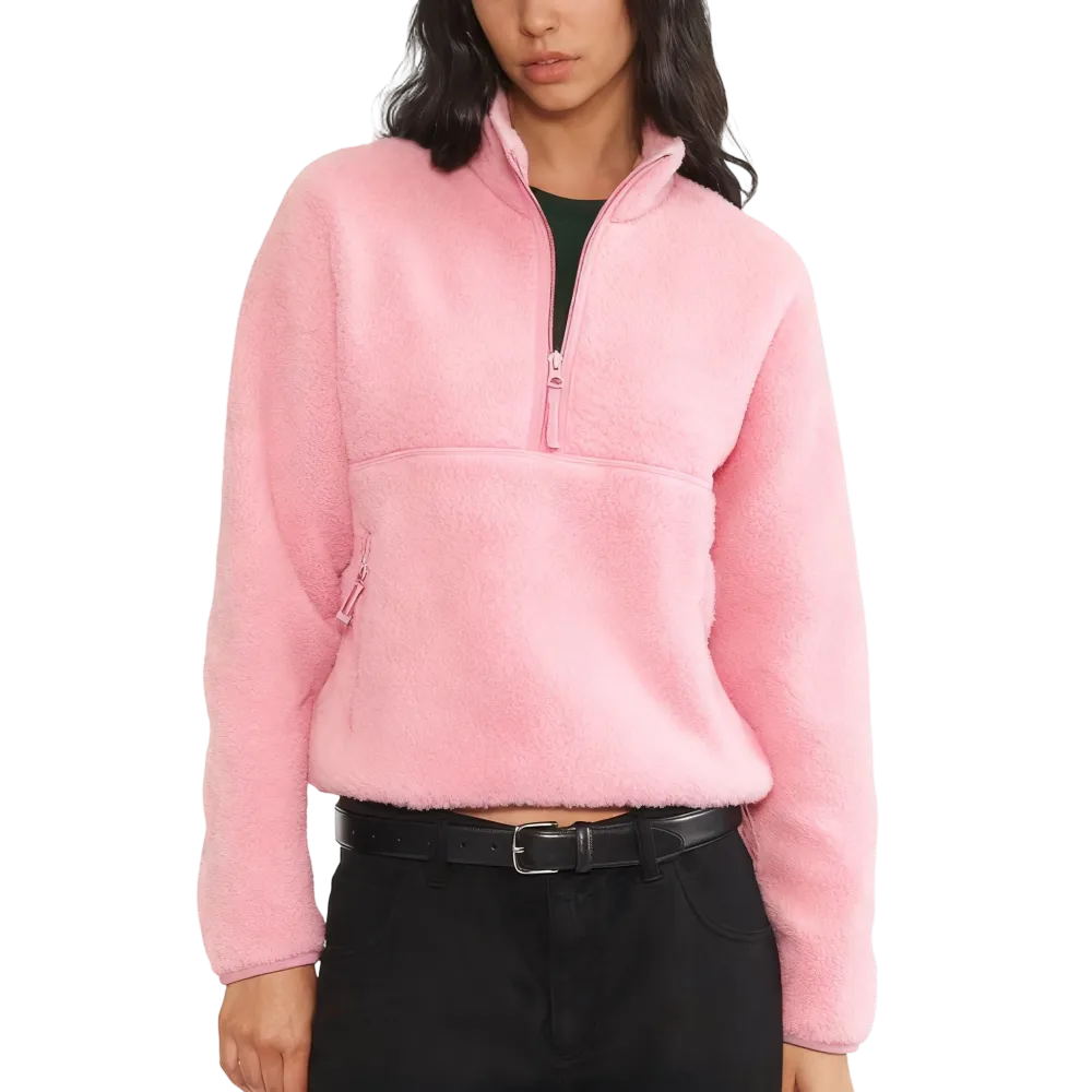 Women‘s Fleece Sweatshirt – Cropped Half-Zip Sherpa Pullover with Zipper Pockets