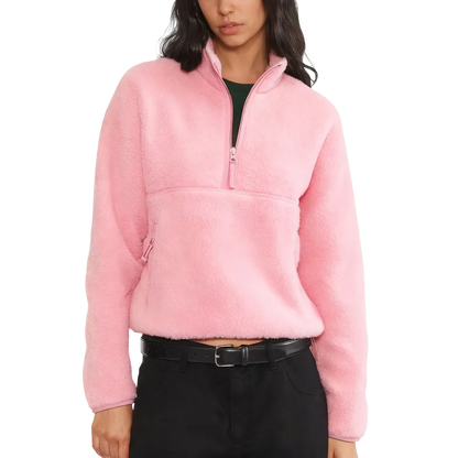 Women‘s Fleece Sweatshirt – Cropped Half-Zip Sherpa Pullover with Zipper Pockets