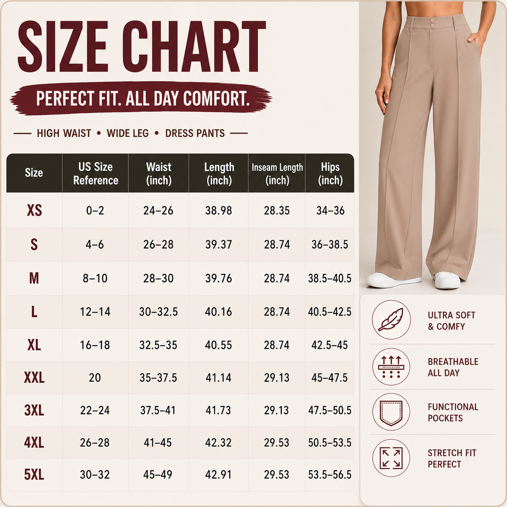 Women's pants size chart XS to 5XL
