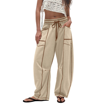 Women'S High Waisted Barrel Sweatpants Baggy Wide Leg Drawstring Joggers With Pockets And Seam Stitch Details| Regular Lined For Fall & Spring, Cozy Fleece Lined For Winter