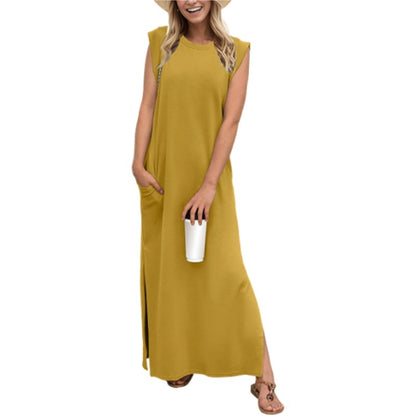 🔥Last day promotion⏰Casual Round Neck Loose Split Wrinkle-Free Long Maxi Vacation Dress with Pockets