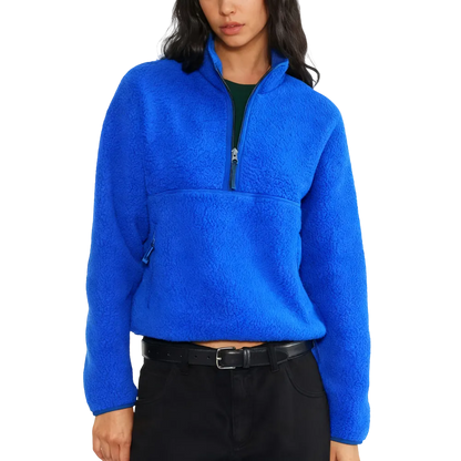 Women‘s Fleece Sweatshirt – Cropped Half-Zip Sherpa Pullover with Zipper Pockets