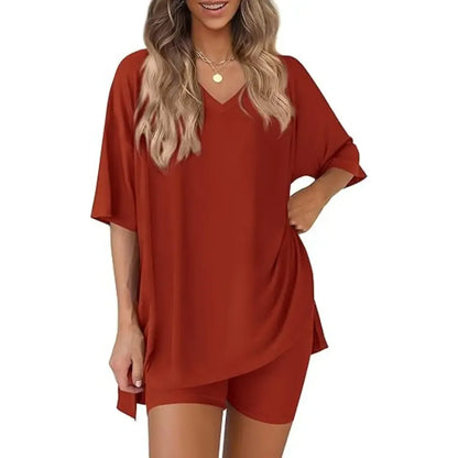 V Neck 2 Piece Sets for Women Summer Lounge Short Set Spring Matching Biker Shorts Oversized Shirt Clothing