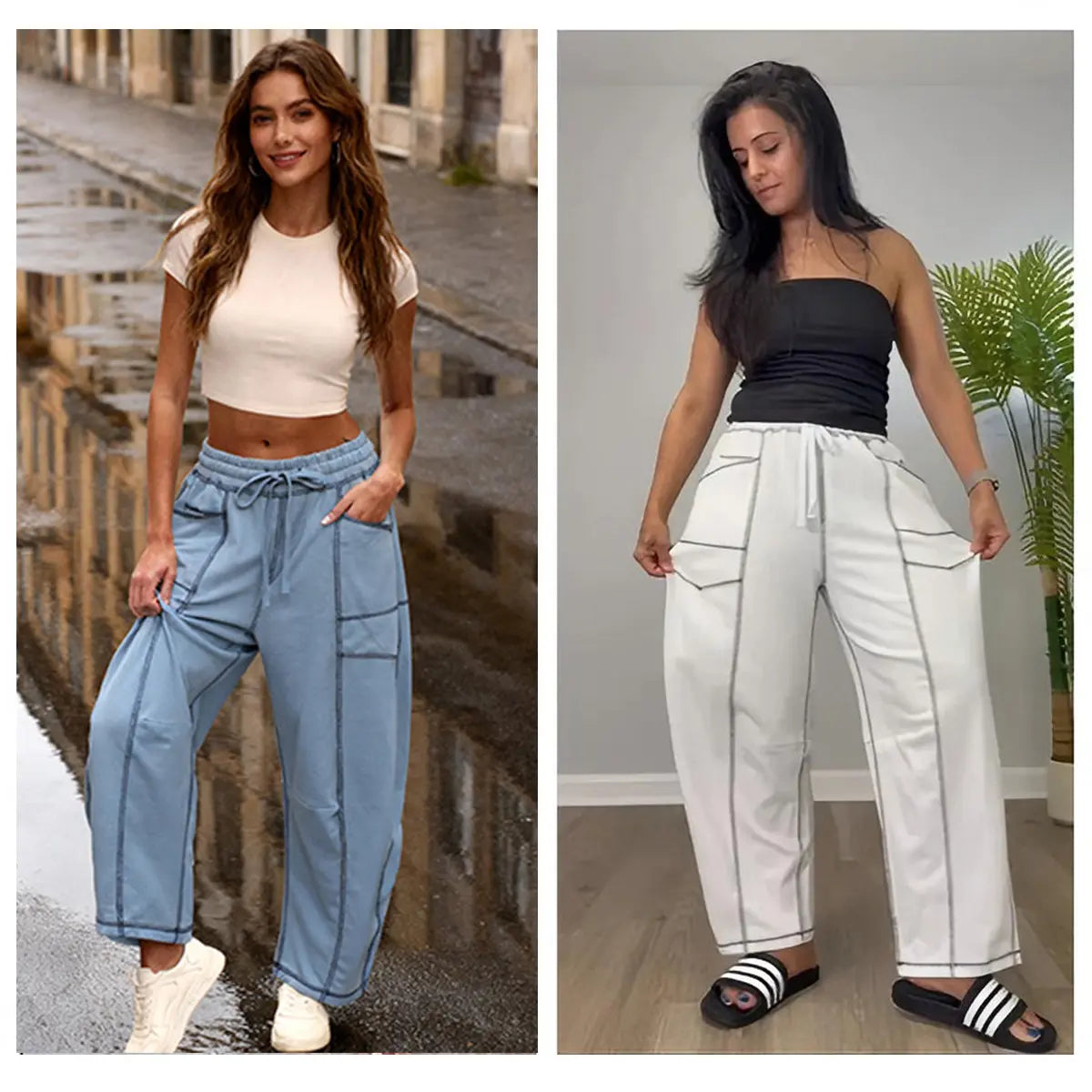 Women'S High Waisted Barrel Sweatpants Baggy Wide Leg Drawstring Joggers With Pockets And Seam Stitch Details| Regular Lined For Fall & Spring, Cozy Fleece Lined For Winter