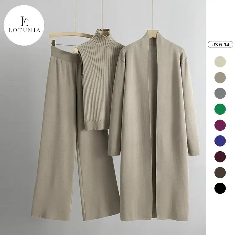 Women’s Three-Piece Knit Set – Long Cardigan, Sleeveless Top & Wide-Leg Pants