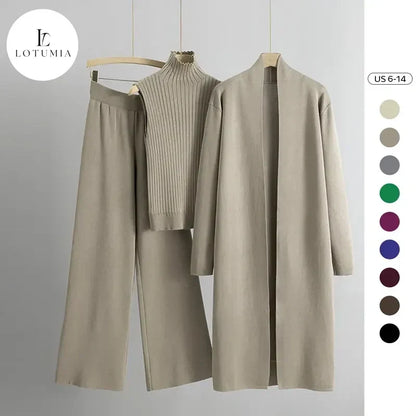 Women’s Three-Piece Knit Set – Long Cardigan, Sleeveless Top & Wide-Leg Pants