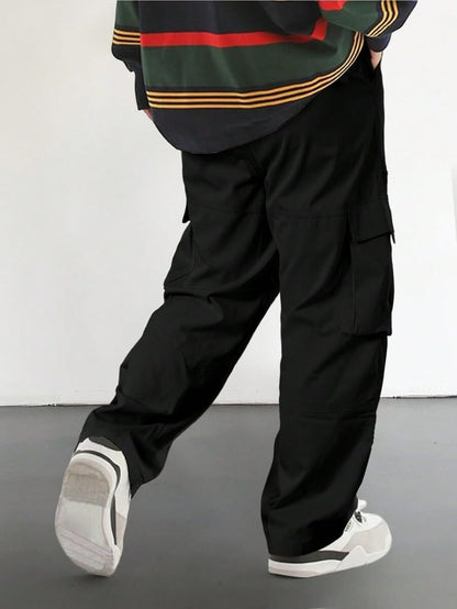 Men's Loose Solid Color All-match Pocket Drawstring Waist Overalls