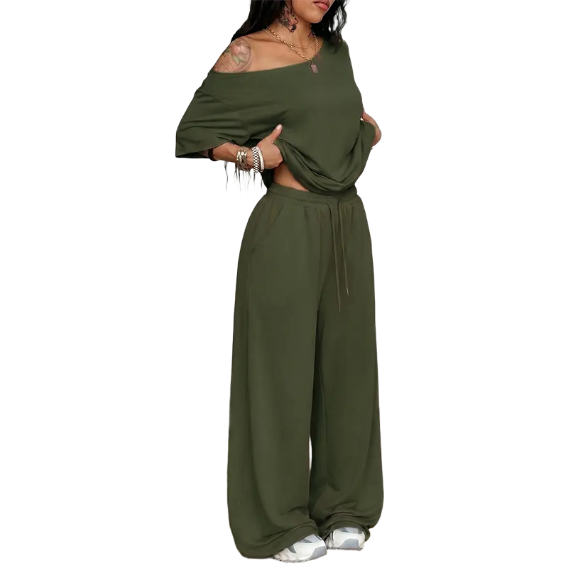 Women's Minimalist Off Shoulder T-Shirt & Wide Leg Pants Set
