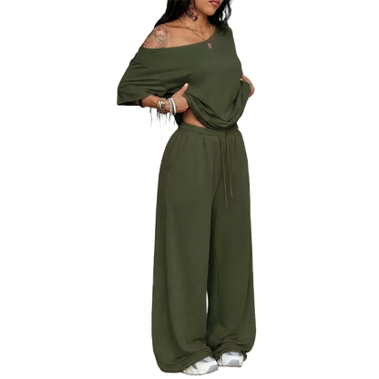 Women's Minimalist Off Shoulder T-Shirt & Wide Leg Pants Set
