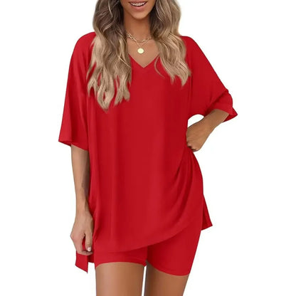 V Neck 2 Piece Sets for Women Summer Lounge Short Set Spring Matching Biker Shorts Oversized Shirt Clothing
