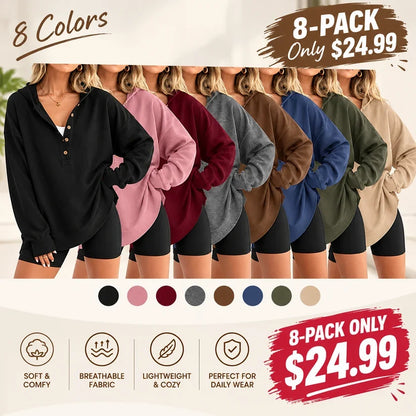 Women’s Oversized V-Neck Hoodie – Relaxed Button Pullover with Side Slits