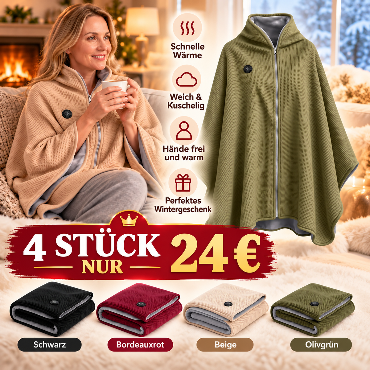 Elektrischer Heizponcho mit Kapuze – Kuschelig weich mit 3 Heizstufen